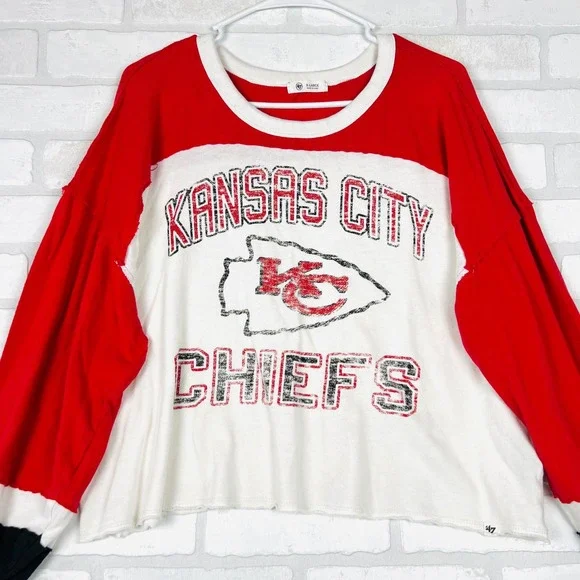 47 Brand Kansas City Chiefs Cropped Long Sleeve Colorblock Shirt Red White XL - Picture 3 of 16